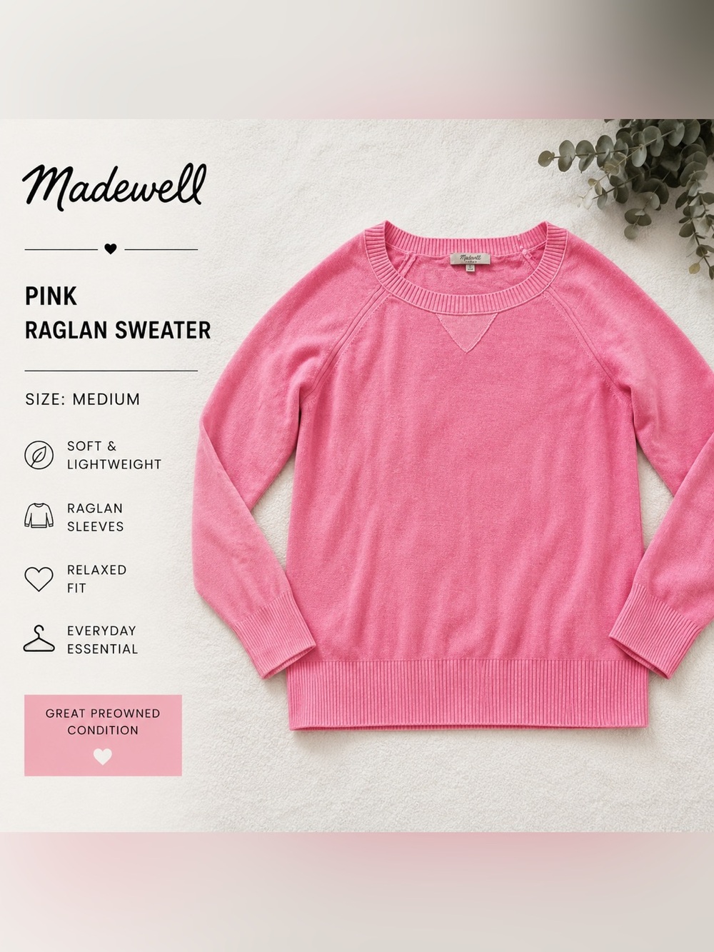Madewell Pink Lightweight Raglan Sweater Sz small Soft Casual Pullover (w)